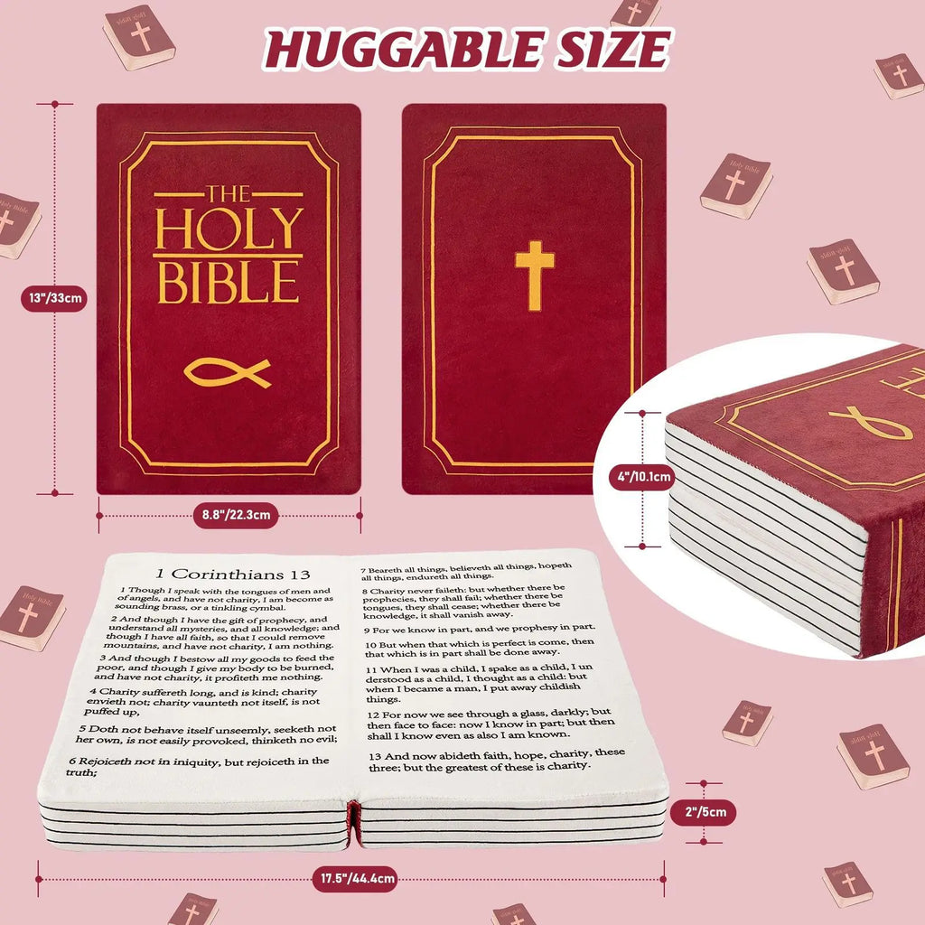Holy Bible Pillow Book Plush Soft Plushies Opens Bible Corinthians 13 Gifts Toys Christian Gifts for Kid Room Decoration