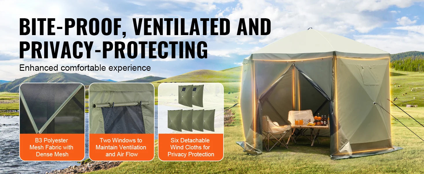 SucceBuy Pop Up Gazebo Tent Pop-Up Screen Tent 6 Sided Canopy Sun Shelter with 6 Removable Privacy Wind Cloths & Mesh Windows