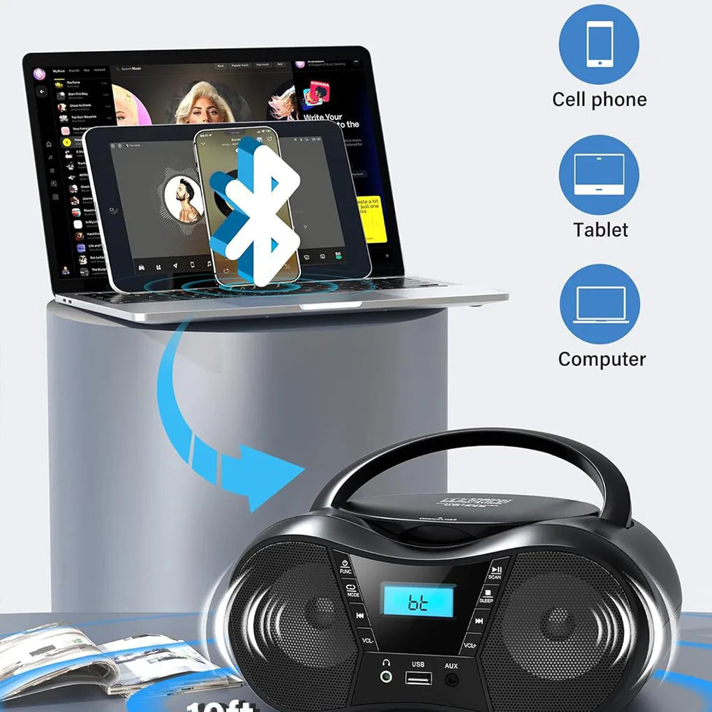 Portable CD Player Bluetooth Boombox CD Player AM/FM Radio Stereo Player, Compatible For CD/CD-R/RW Radio For Home