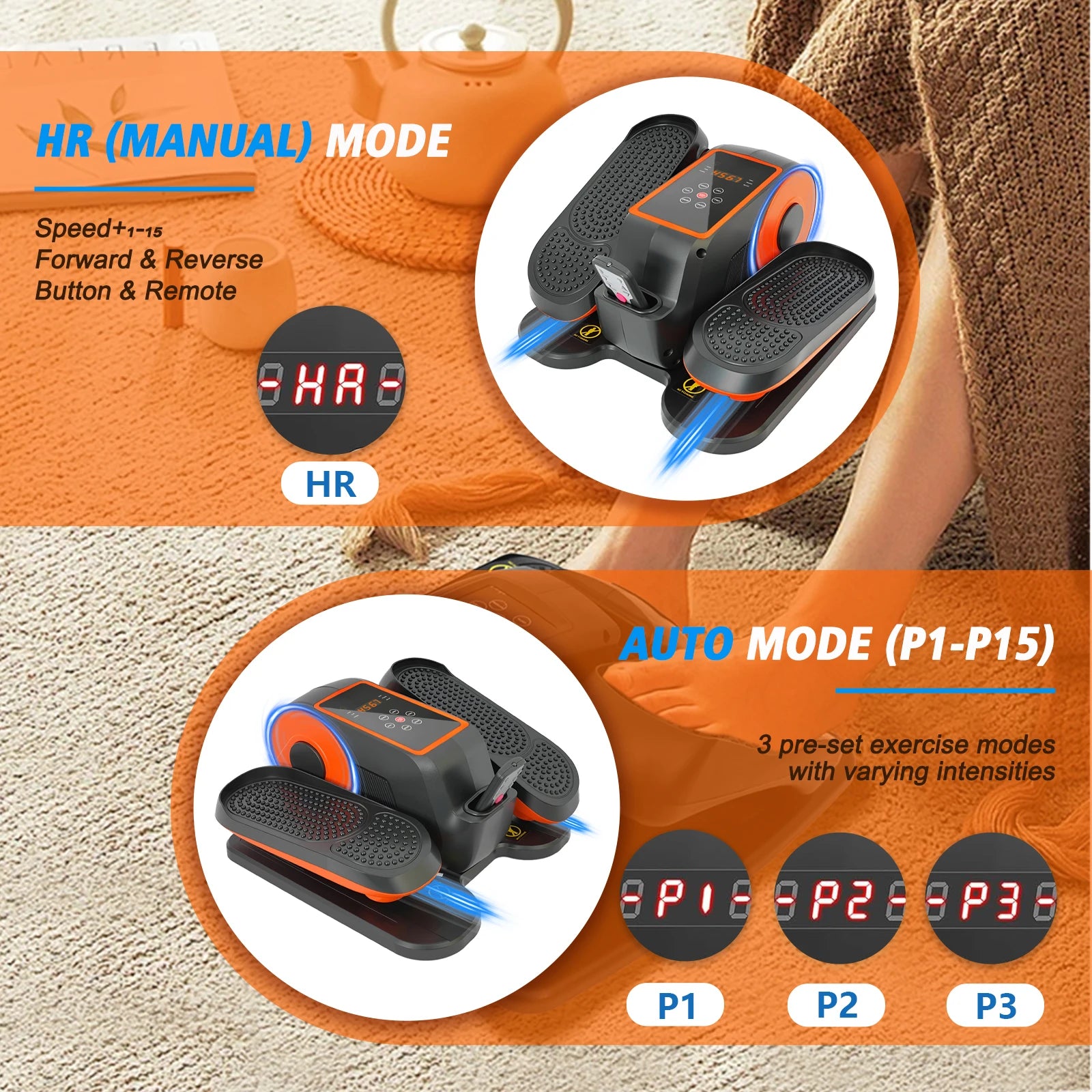 Under-Desk Electric Elliptical Pedal Exerciser 15-Levels 3 Auto Modes Fully Assembled Quiet Portable Full-Body for Office Home