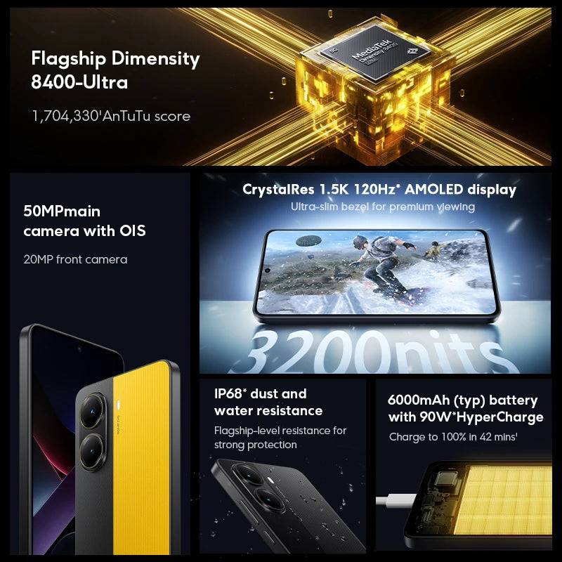 POCO X7 Pro Global Version Mobile Phone 6000mAh Battery 90W HyperCharge Dimensity 8400-Ultra 120Hz 1.5K display IP68 NFC