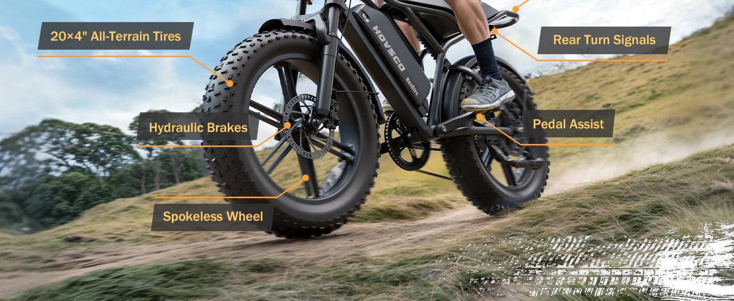 HOVSCO R003 1500W electric bike, 20" fat tires, 28MPH, 48V 15Ah battery, all-terrain, for road, sand, mountain, and snow.