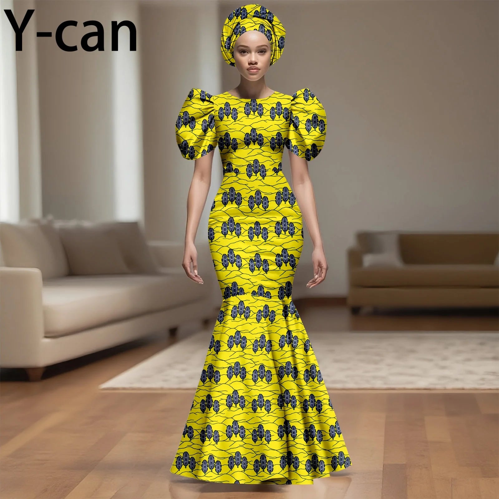 African Party Dress for Women Puff Sleeve O-neck Slim Fit Mermaid Dresses with Headwrap for Birthday Evening Wedding 2525142