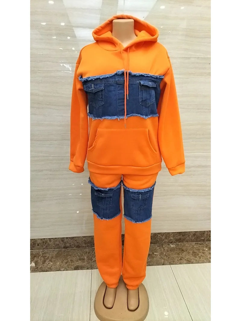 2 Piece Women Set Dashiki African Clothes Spring Autumn New Fashion Long Sleeve Denim Top And Pants Suit Party Matching Sets