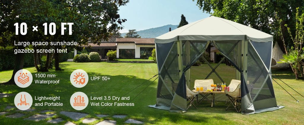 SucceBuy Pop Up Gazebo Tent Pop-Up Screen Tent 6 Sided Canopy Sun Shelter with 6 Removable Privacy Wind Cloths & Mesh Windows