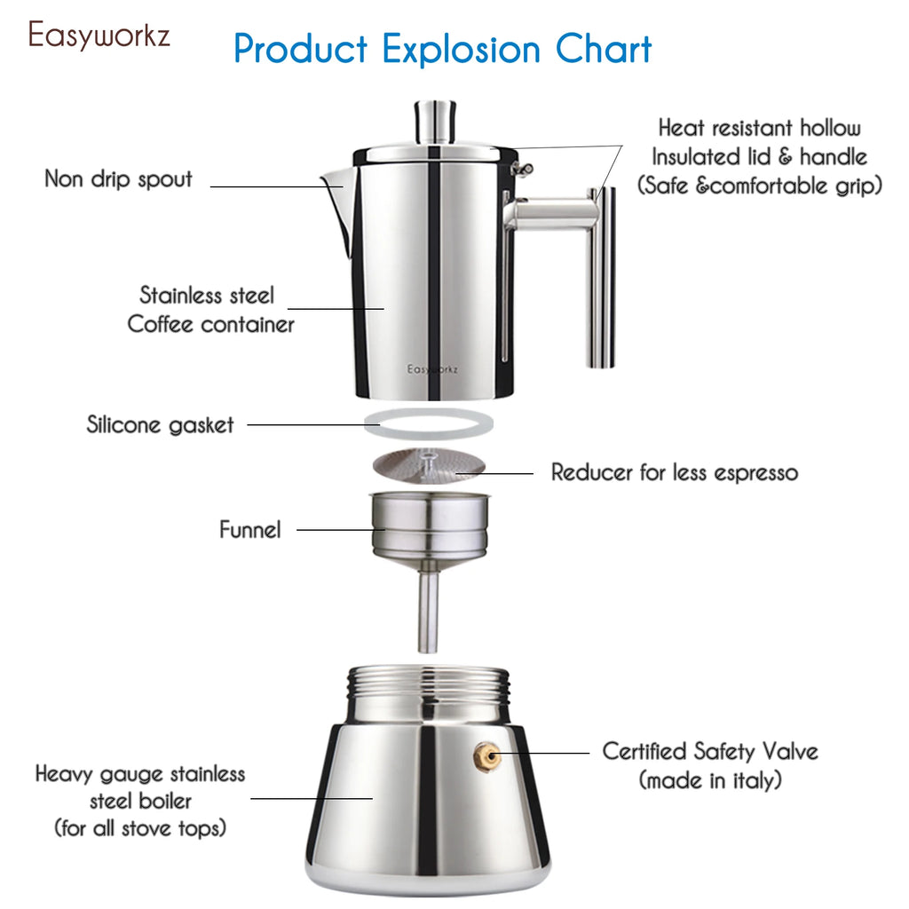Easyworkz Diego Stovetop Espresso Maker Stainless Steel Italian Coffee Machine Maker Induction Moka Pot