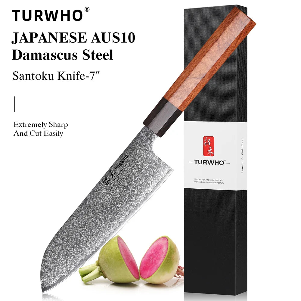 TURWHO Hand Forged Japanese Chef Knife Damascus Steel Kitchen Knives Santoku Sashimi Bread Utility Handmade Blade Cooking Tools