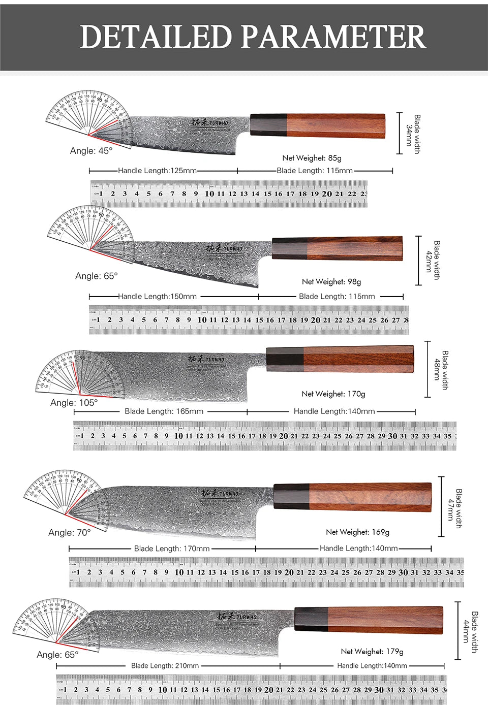 TURWHO Hand Forged Japanese Chef Knife Damascus Steel Kitchen Knives Santoku Sashimi Bread Utility Handmade Blade Cooking Tools