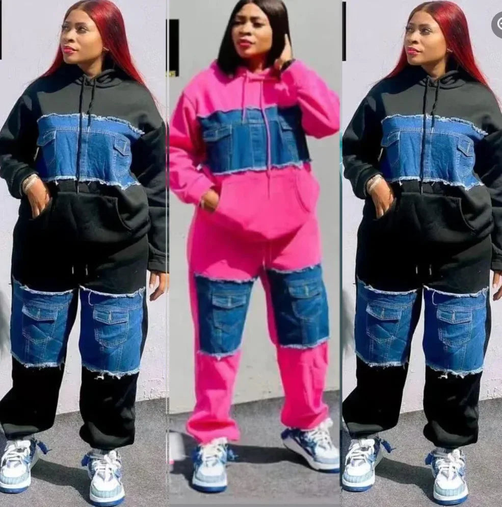 2 Piece Women Set Dashiki African Clothes Spring Autumn New Fashion Long Sleeve Denim Top And Pants Suit Party Matching Sets