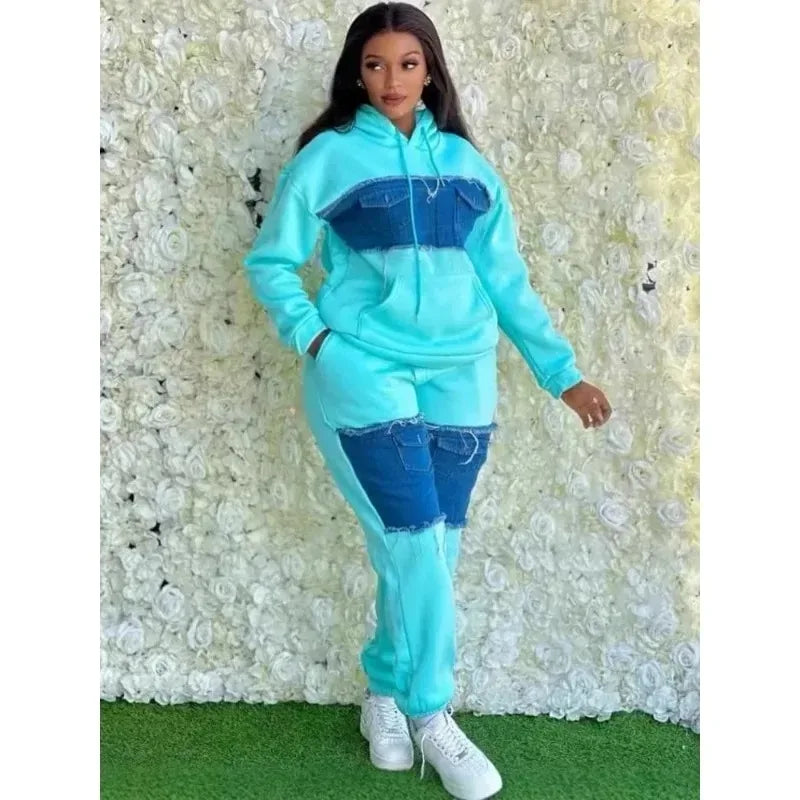 2 Piece Women Set Dashiki African Clothes Spring Autumn New Fashion Long Sleeve Denim Top And Pants Suit Party Matching Sets