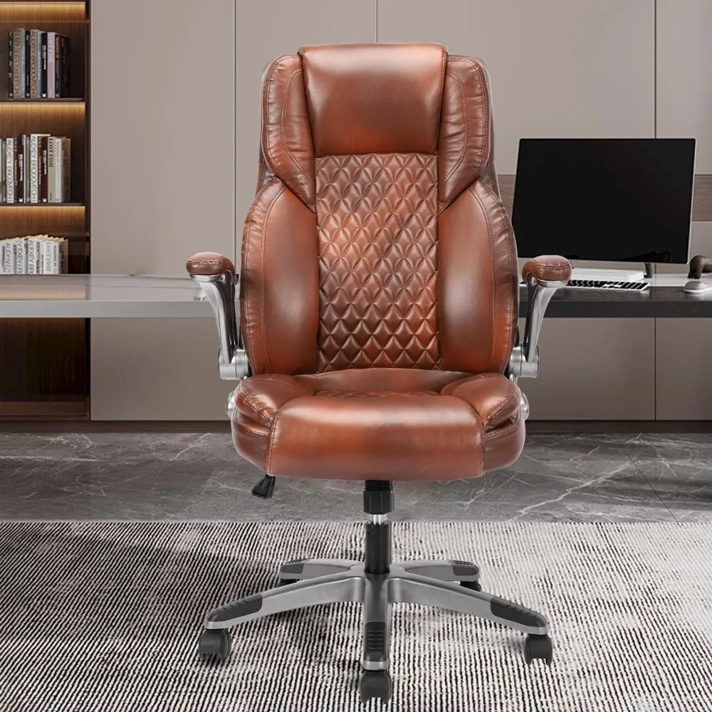 Brown Leather Office Chair with Flip up Arms, High Back Ergonomic Executive Office Chairs with Wheels, 90-120° Rocking Office De