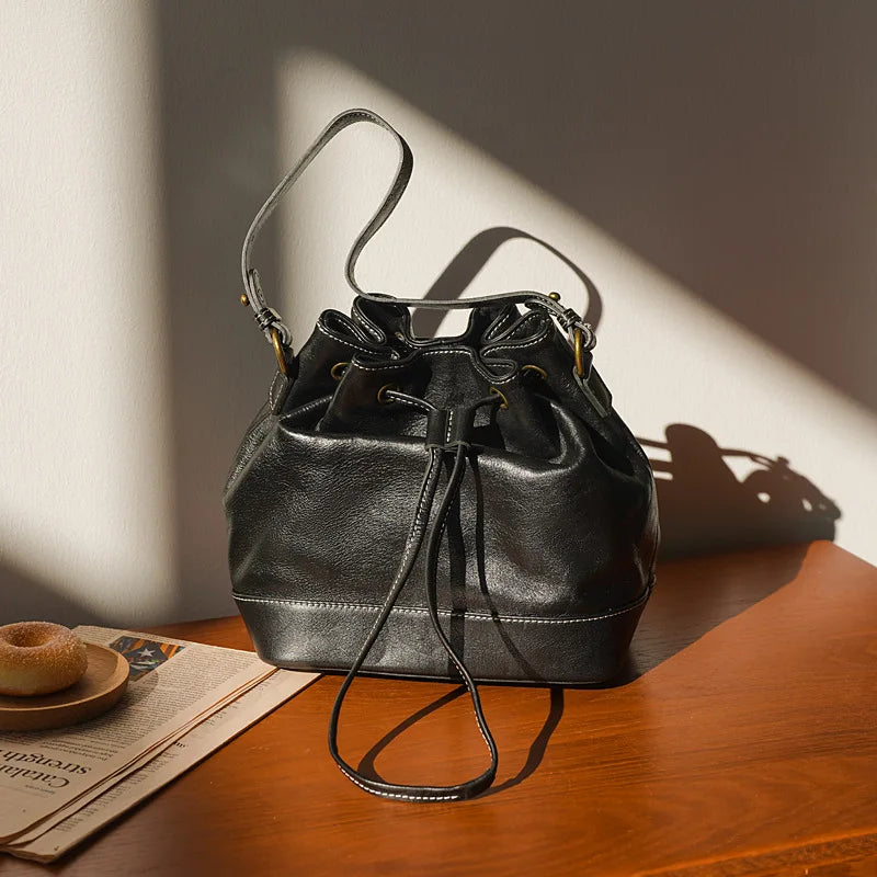 Leather Bucket Bags and Drawstring Crossbody Purse for Women Medium Tote