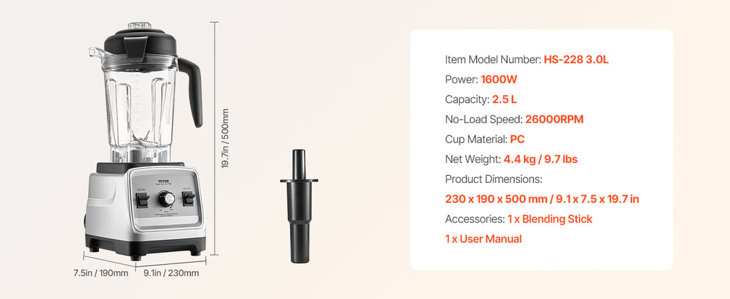 VEVOR Blender for Smoothies 1400W Professional Blender with Powerful Motor Multi-Functional Food Processing Blender for Kitchen