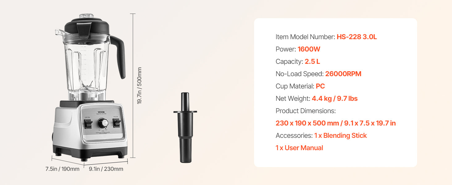 VEVOR Blender for Smoothies 1400W Professional Blender with Powerful Motor Multi-Functional Food Processing Blender for Kitchen