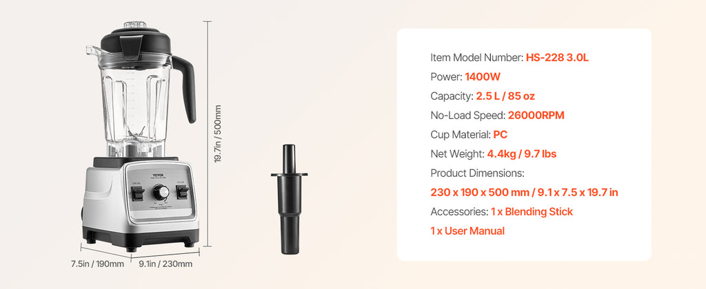 VEVOR Blender for Smoothies 1400W Professional Blender with Powerful Motor Multi-Functional Food Processing Blender for Kitchen