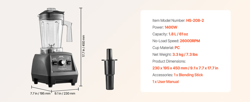 VEVOR Blender for Smoothies 1400W Professional Blender with Powerful Motor Multi-Functional Food Processing Blender for Kitchen