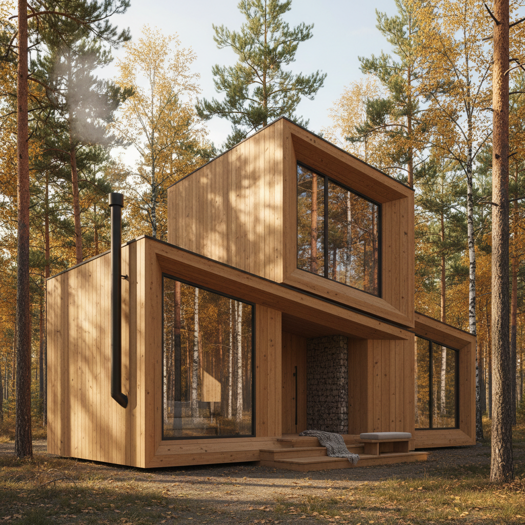 Scandinavian style fabricated home with natural wood exterior