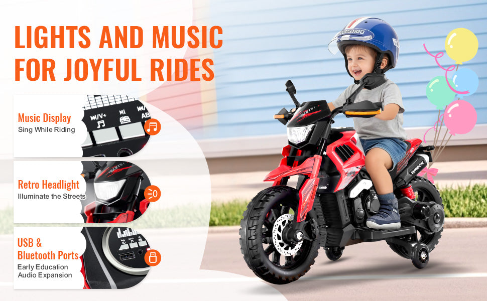 SucceBuy 6/12V Children's Electric Car Kids Ride On Motorcycle with Detachable Wheel Headlight Music Bluetooth for Boys Gifts