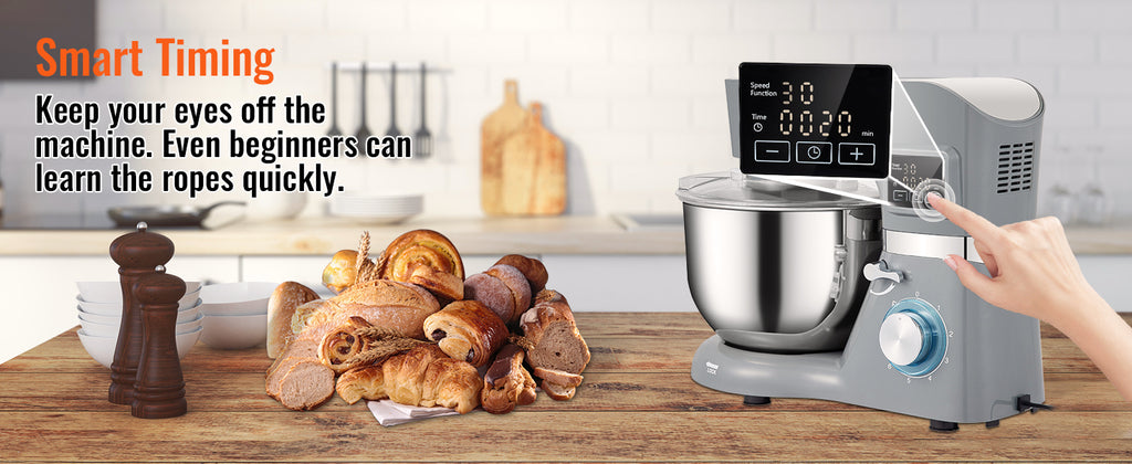 SucceBuy Stand Mixer Electric Dough Mixer with 6 Speeds LCD Screen Timing 5.8 Qt Stainless Steel Bowl Dough Hook Flat Beater