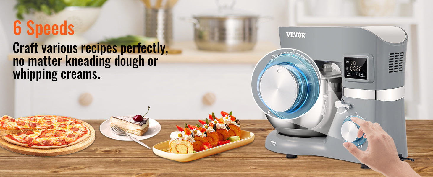 SucceBuy Stand Mixer Electric Dough Mixer with 6 Speeds LCD Screen Timing 5.8 Qt Stainless Steel Bowl Dough Hook Flat Beater