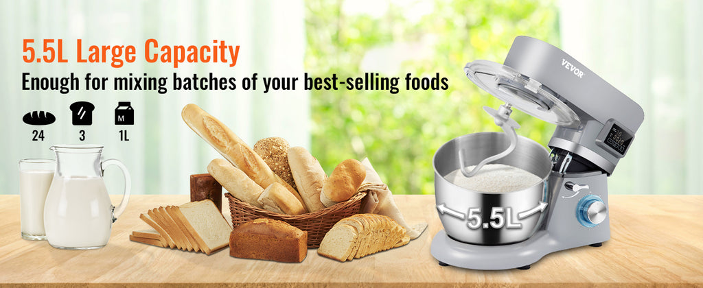 SucceBuy Stand Mixer Electric Dough Mixer with 6 Speeds LCD Screen Timing 5.8 Qt Stainless Steel Bowl Dough Hook Flat Beater