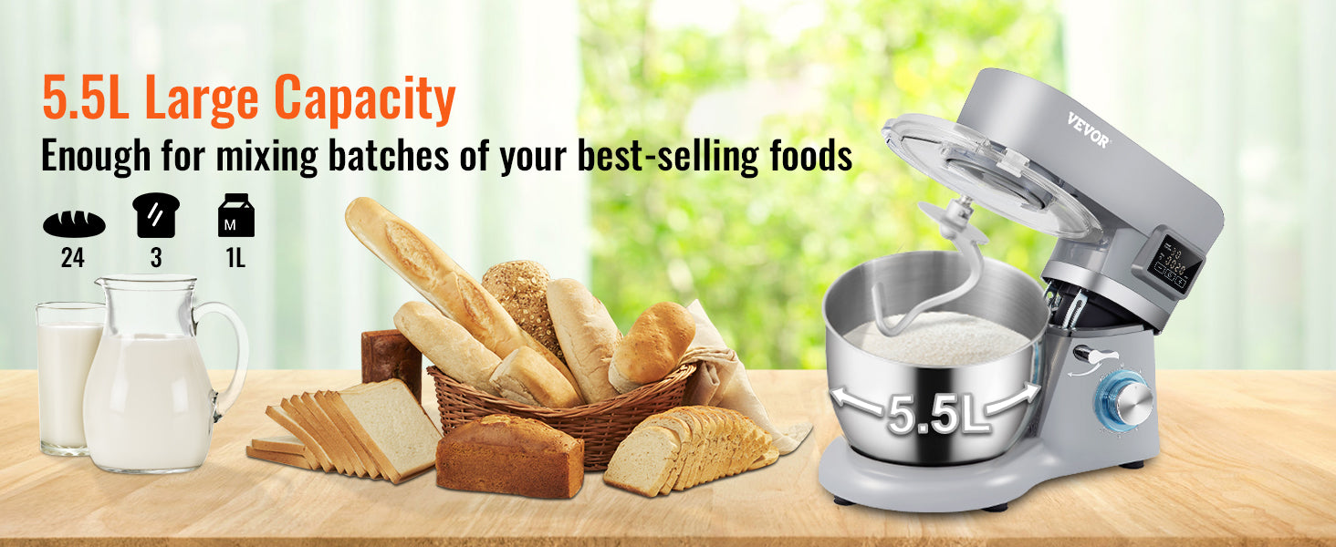 SucceBuy Stand Mixer Electric Dough Mixer with 6 Speeds LCD Screen Timing 5.8 Qt Stainless Steel Bowl Dough Hook Flat Beater